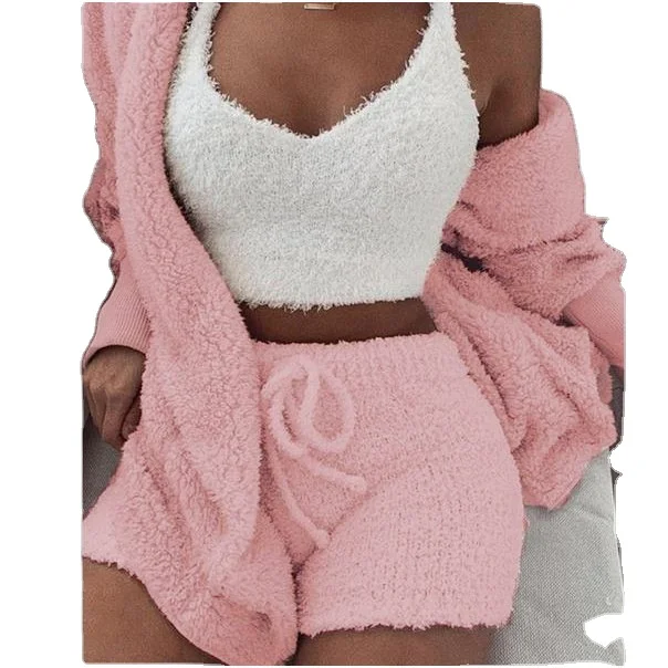 

2020 Wholesale Women Sexy Autumn& Winter Wool Condole Belt crop Vest Female Buttock Short Three-Piece Set women clothing