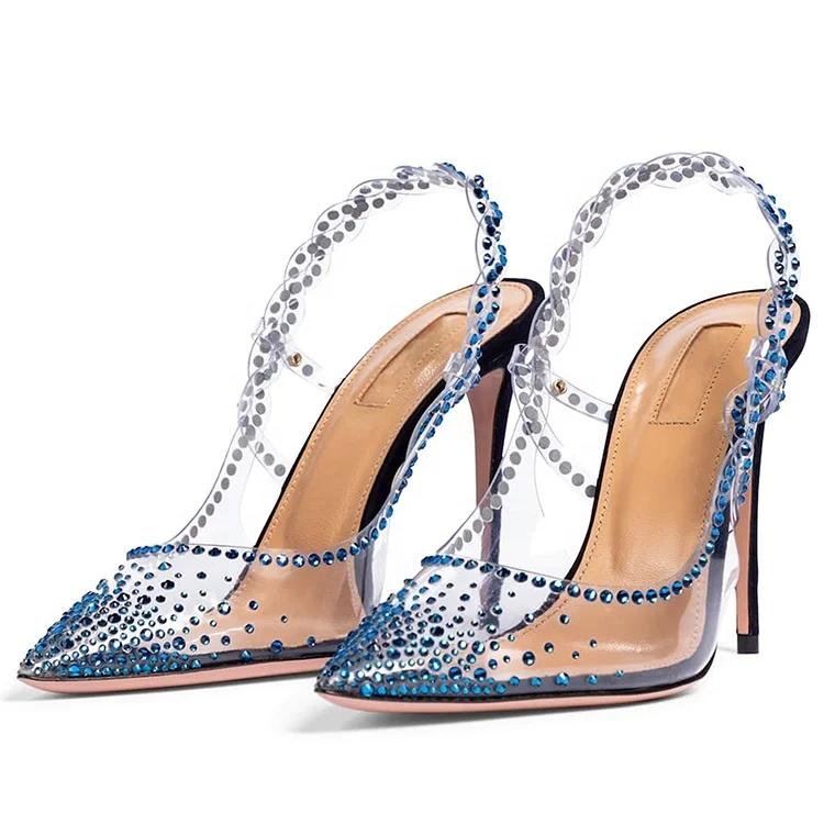 

New arrivals high heels ladies fashionable blue rhinestone decorative pumps pointed toe PVC stiletto high heel dress shoes