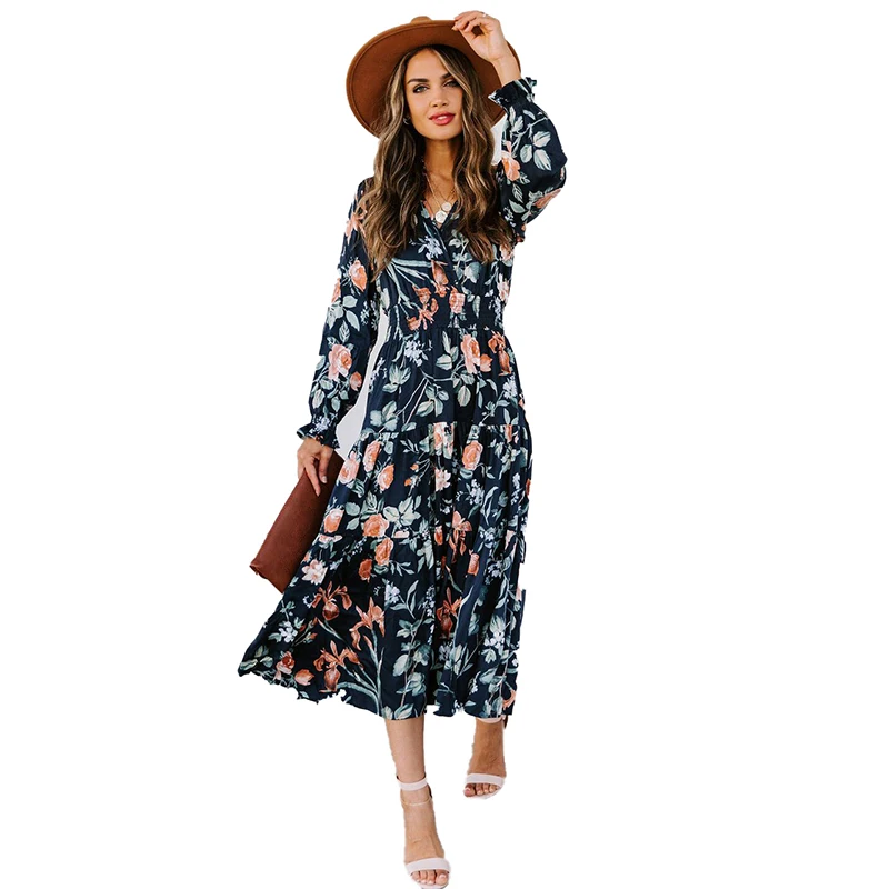 

Wholesale ladies fashion dress print floral loose women long casual dresses