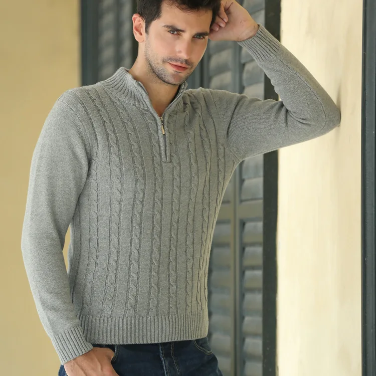 

Latest design basic v-neck sweater zip pullover 100% cotton cable man jumper