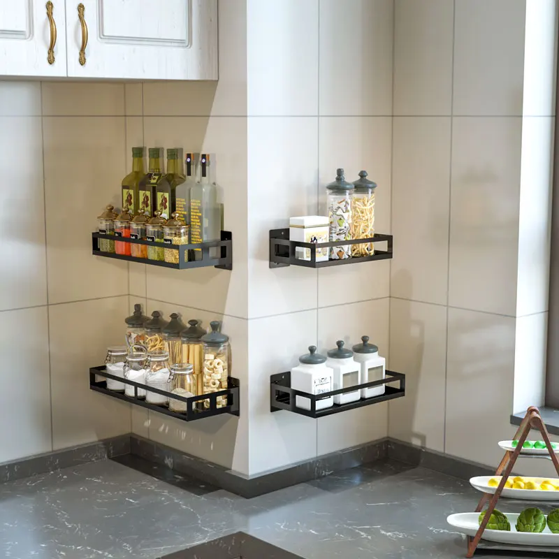 

Black metal wall-mounted storage shelf holder spice rack for kitchen or bathroom, Customized color