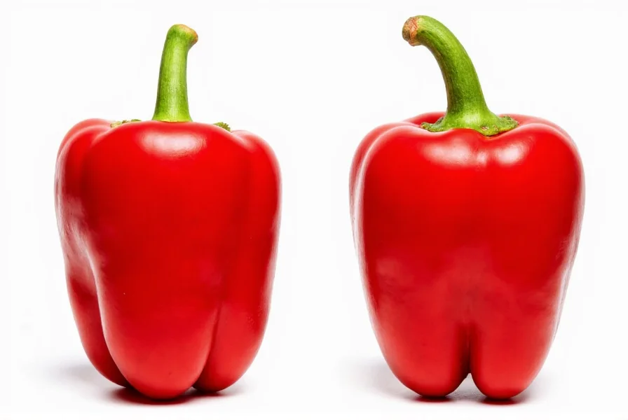 Side-by-side comparison of whole cayenne peppers and red bell peppers showing shape and color differences