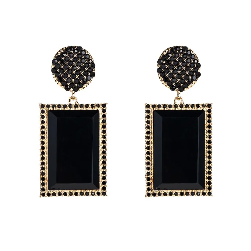 

Elegant Luxury Vintage Jewelry Gold Plating Rectangle Drop Earrings Black Crystal Rhinestone Rectangle Pendant Earrings, Picture