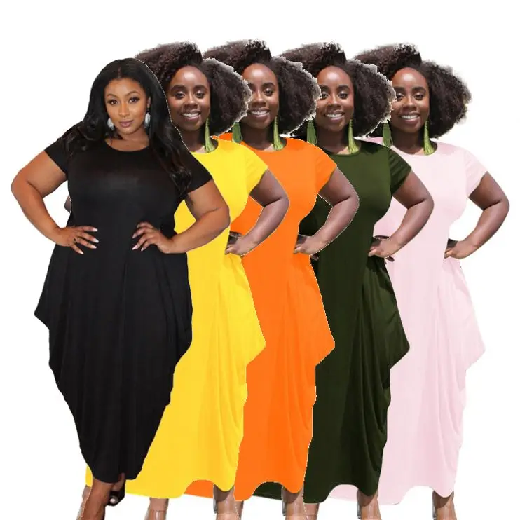 

IBEAUTY Newest Design Solid Color Short Sleeve plus size dress women clothes clothing