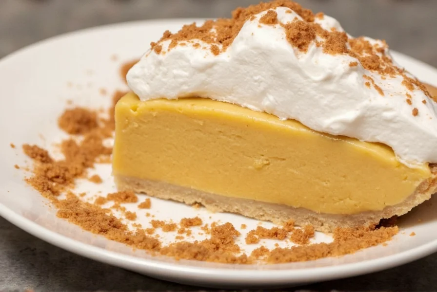 Perfectly sliced butterscotch cinnamon pie with decorative whipped cream and cinnamon stick garnish