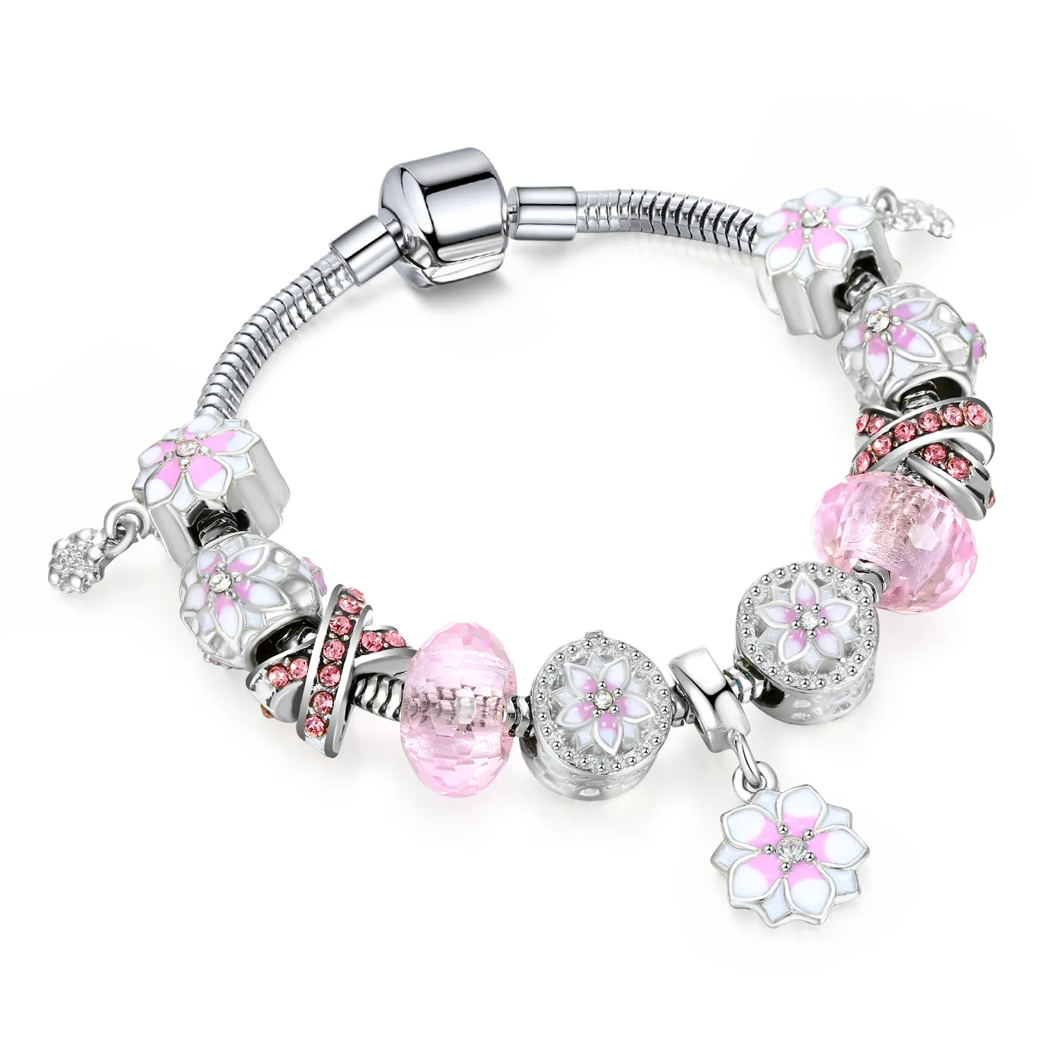 

DIY Jewelry Bohemian Pink Glass Beads Charm Bracelet Silver Snake Chain Flower Pendant Charm Bracelet
