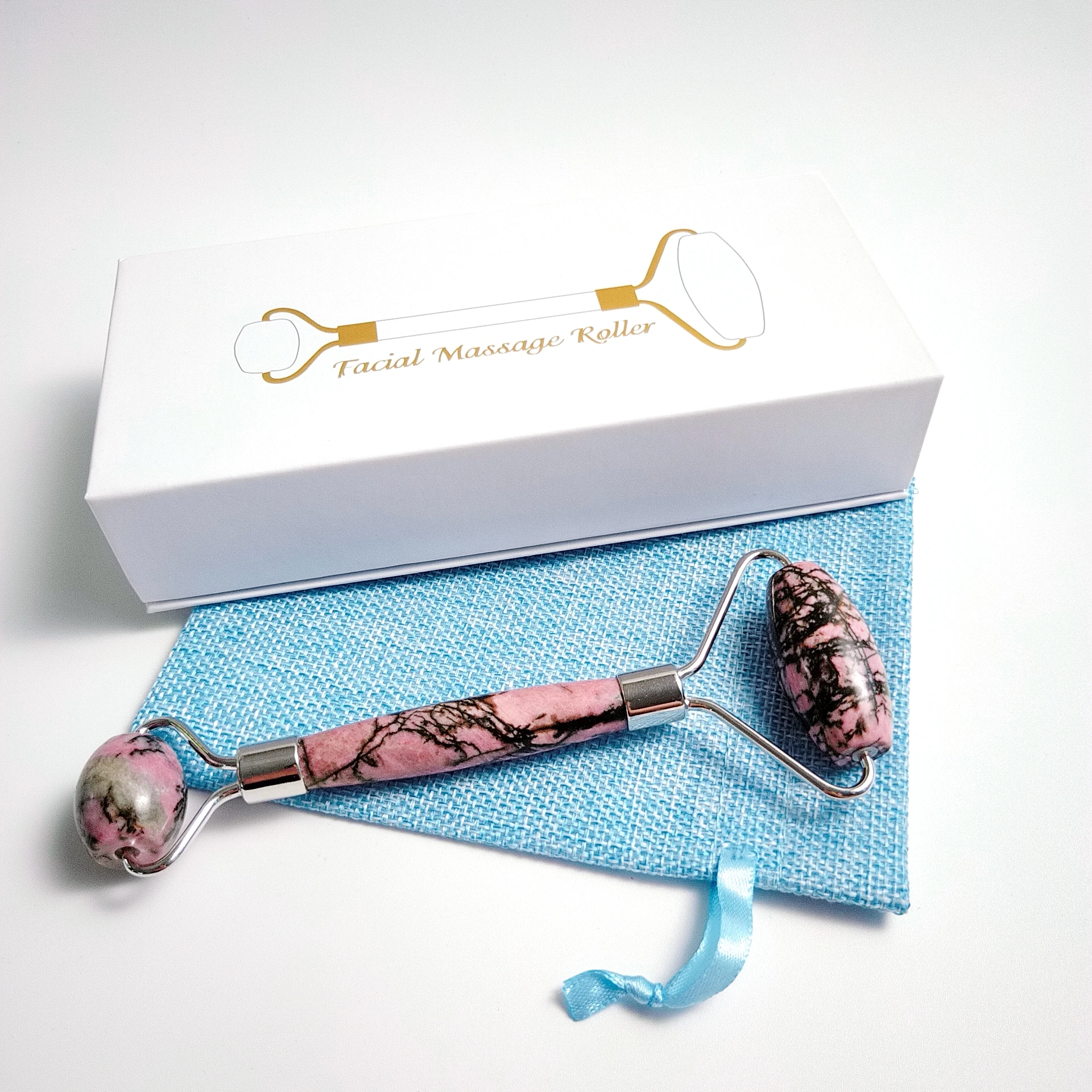 

Natural Rhodonite jasper Jade Massage Roller + Guasha Board SPA Scraper Stone Facial Massager Set