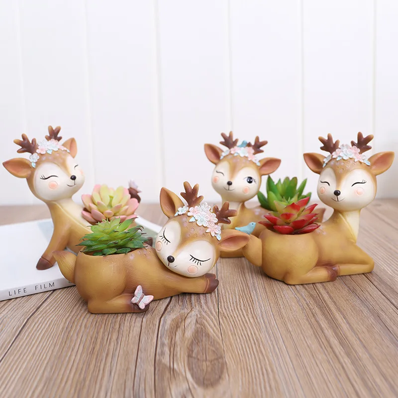 

Fairy Garden Decor Cartoon Deer Flowerpot Succulent Planter Pots Animal Sika Deer Craft Desktop Cactus Flower Pot, As photo