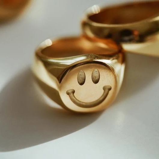 

Trendy Signet Ring Jewelry Stainless Steel Happy Face Ring Waterproof Non Tarnish Summer Gold Dome Chunky Smiley Ring, Gold,rose gold,black and silver
