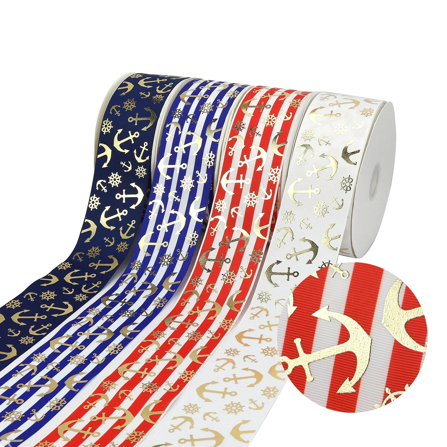 

Midi Ribbons Supplier 3" Making Bows Material Custom Grosgrain Gold Foil Anchor Printed Ribbons, Request