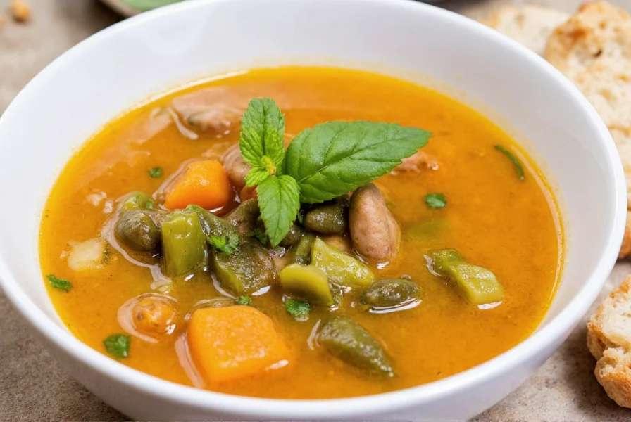Pot of steaming vegetable soup with herbs on wooden table