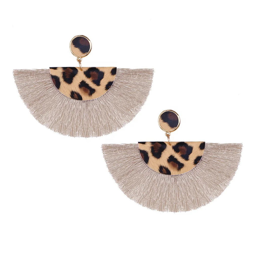 

European Woman Bohemian Statement Leopard Print Fan Shape Tassel Earring