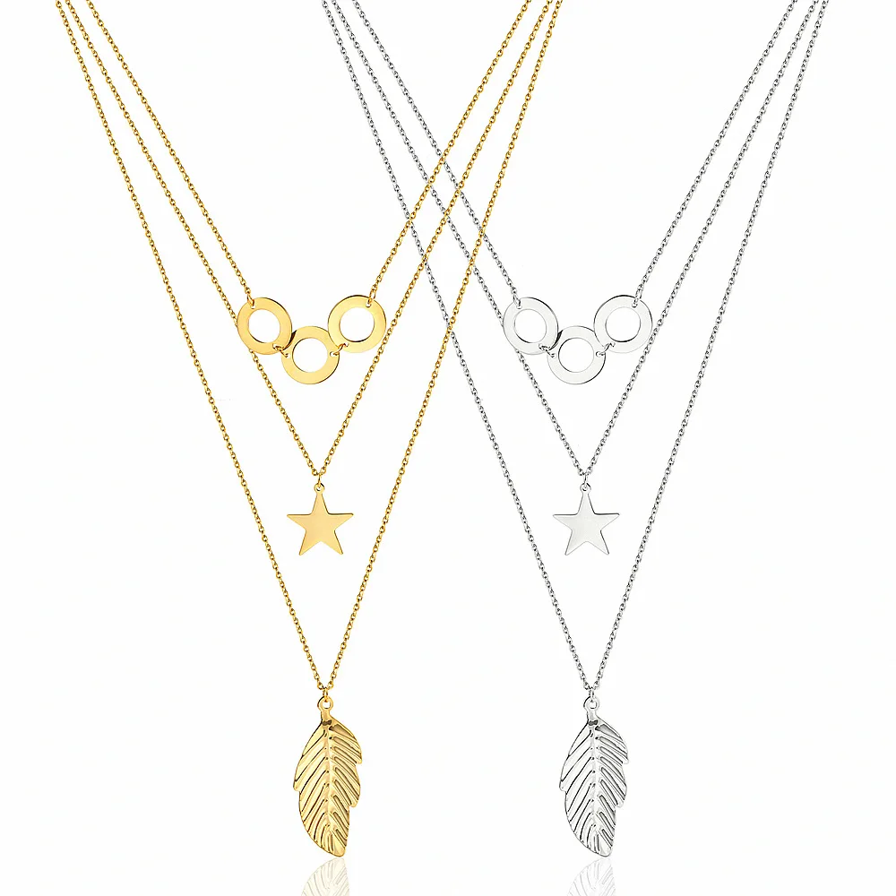 

Women Layered Star Leaf Circle Jewelry Three Ring Five-Pointed Star Long Leaves Combination Necklace