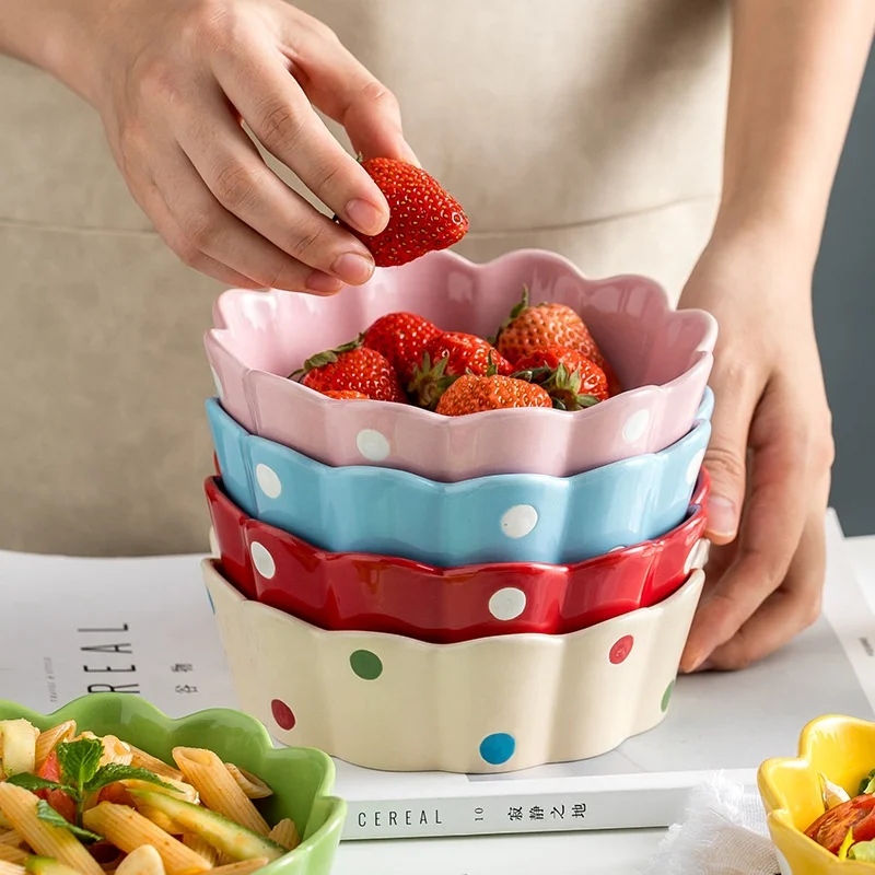 

Glazed Japanese light luxury ceramic fruit salad polas dots bowl dessert creative individual rice household table, Blue,green,pink