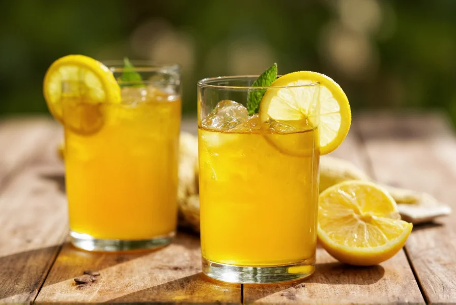 Glass of golden turmeric and apple cider vinegar tonic with lemon slice on wooden table