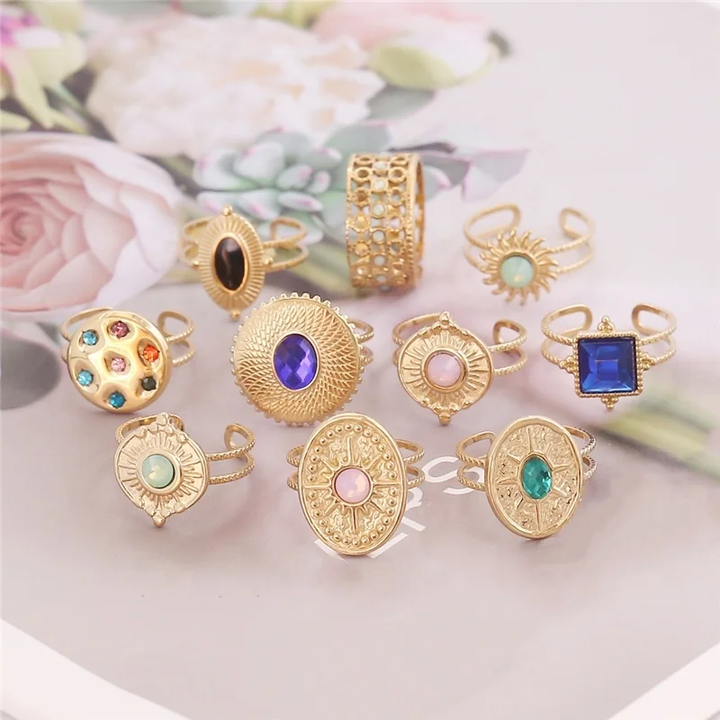 

Trendy Jewelry Plated Gold Stainless Steel Open Ring Adjustable Vintage Inlaid Blue Zircon Disc Shape Ring Hollow Jewelry