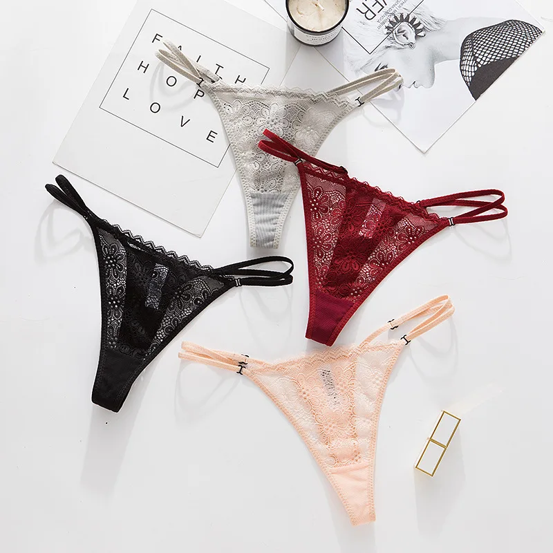 

Make Factory Adjustable Thin Belt G-String Low Waist Lace Floral Sexy Transparent Women Panties, Wine/grey/skin/black