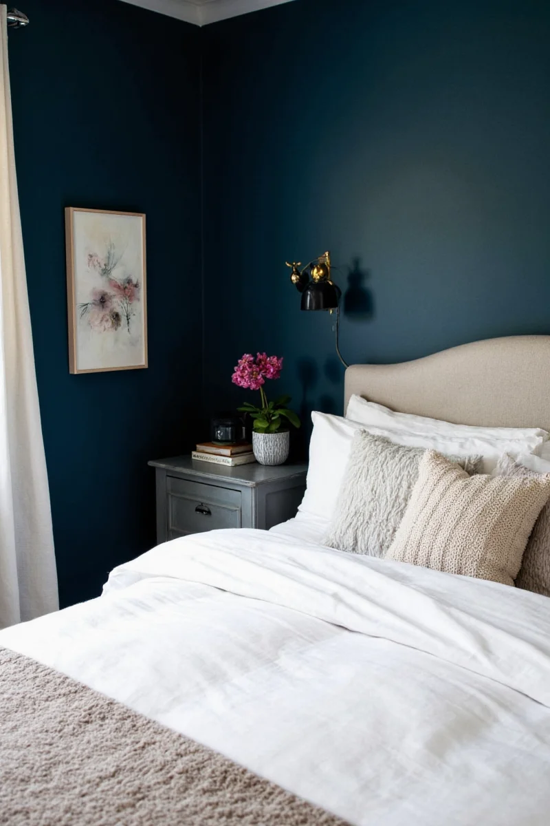 Modern family bedroom with dark navy walls