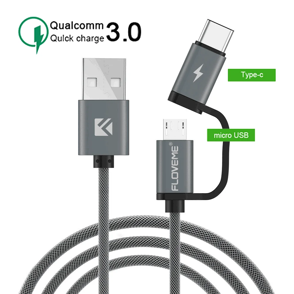 

Free Shipping 1 Sample OK QC 3.0 Fast Charging kabel Micro USB Cable FLOVEME Micro USB and Type C Phone Charge Cable