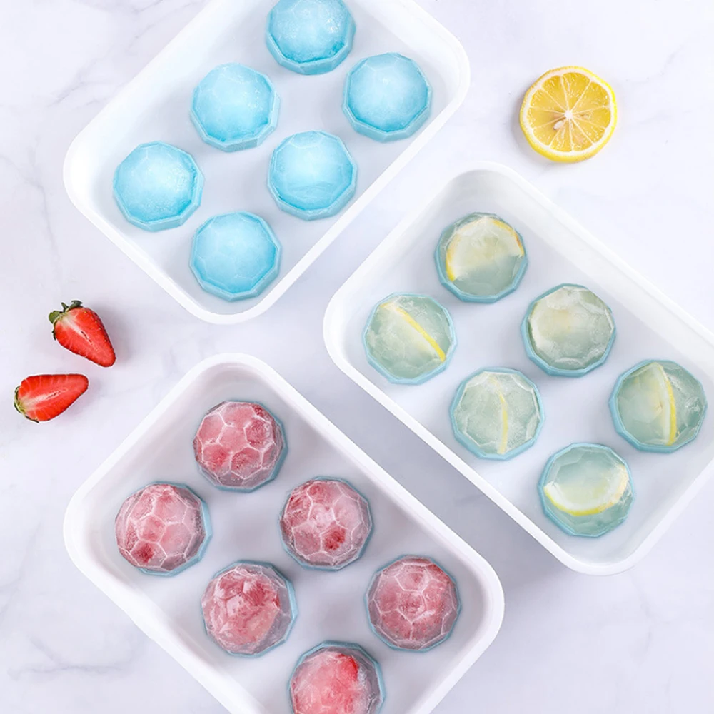 

2021 New PP+TPE Material Spherical Design Cute Ice Cube Tray With Lid 6 Cells, Cyan/ gray