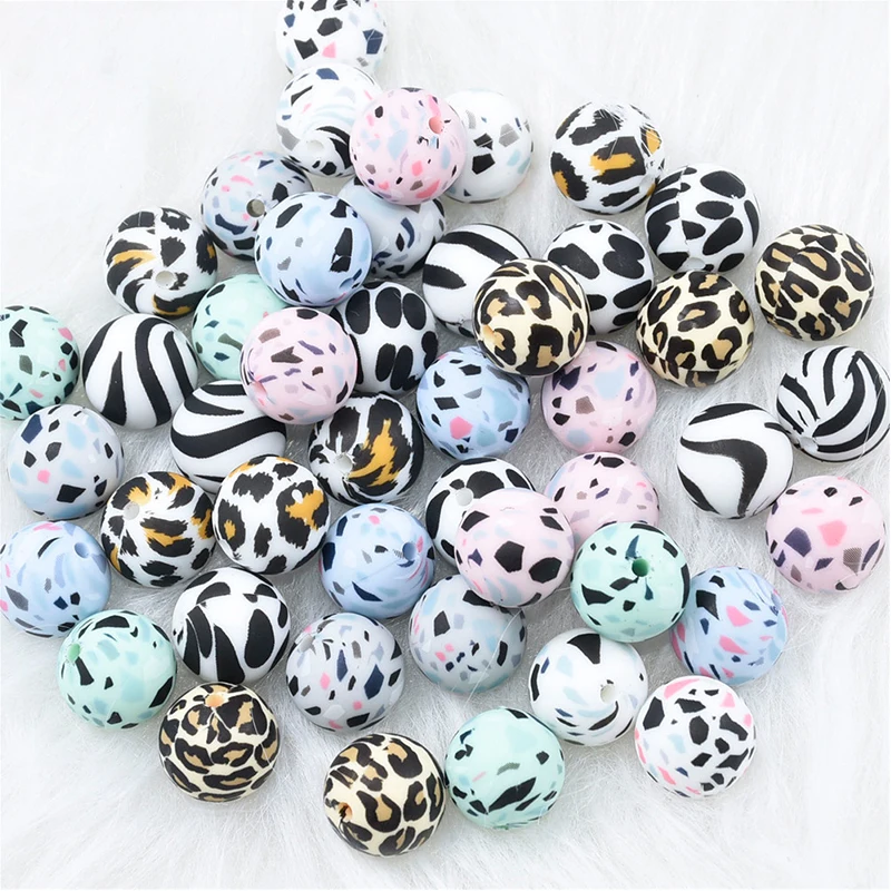 

Food Grade Silicone Beads Wholesale Bpa Free Baby Teether Letter Bead Silicone Leopard Print Teething Beads Bulk for Jewelry, Black, green, blue, pink, white