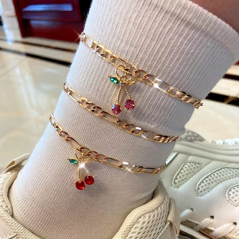 

Fashion Gold Color Sweet Fruit Foot Bracelet Foot Accessories Tiny Crystal Cherry Anklet for Women