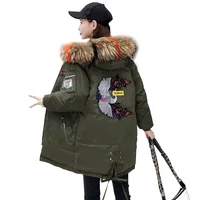 

2019 winter jacket women fur hooded parka long coats embroidery cotton padded women warm thicken winter clothing