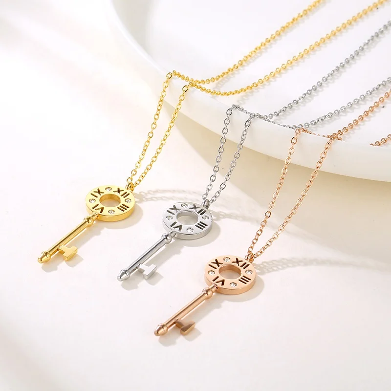 

18K Gold Plated Stainless Steel Roman Number Diamond Luck Key Pendant Necklace for Women