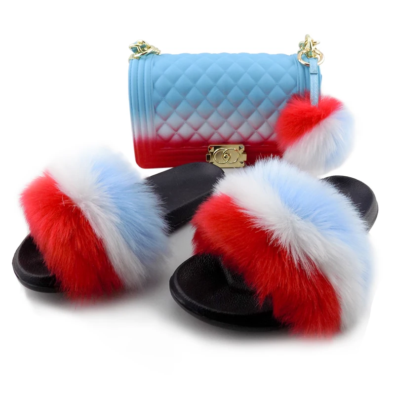 

Fashion faux fur slippers women summer sandals, 7 colors