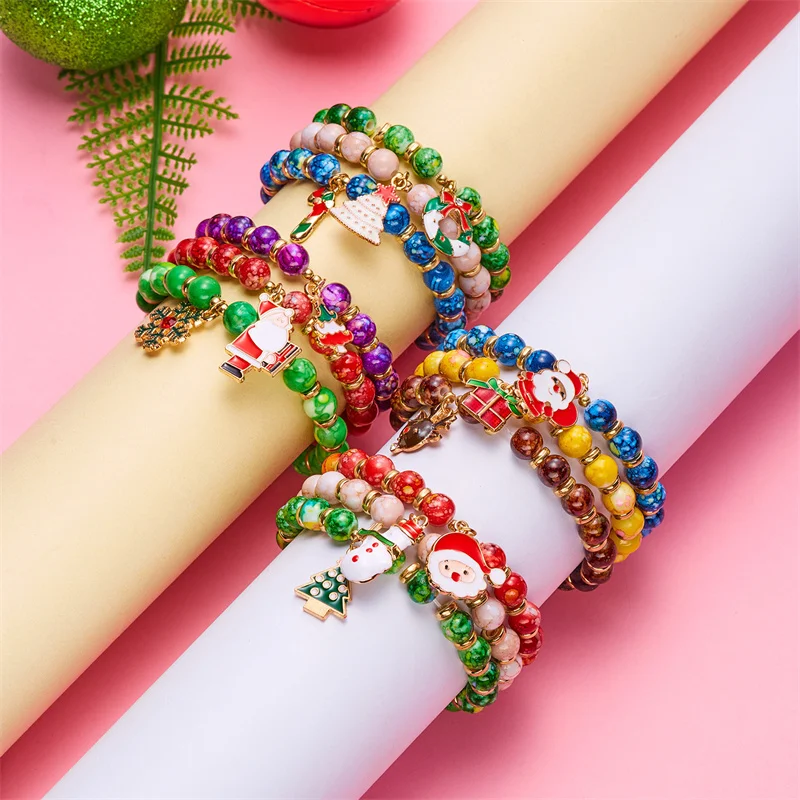 

2023 New Arrivals Elastic Colorful Enamel Santa Claus Bracelets Multi Layer Acrylic Beads Christmas Tree Charm Bracelet