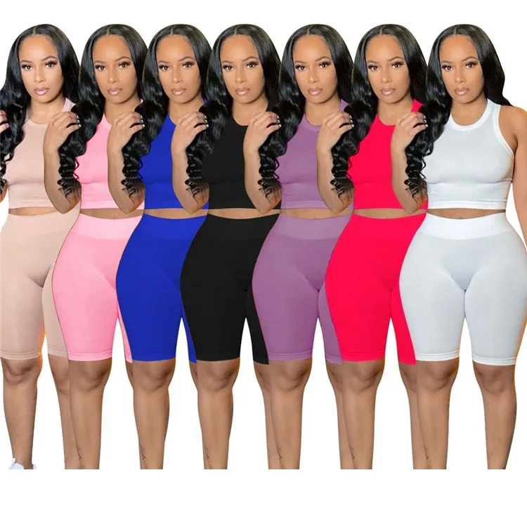 

Y6204-summer 2021 ladies solid color rib crop top and joggers short sets women lounge wear set, Picture