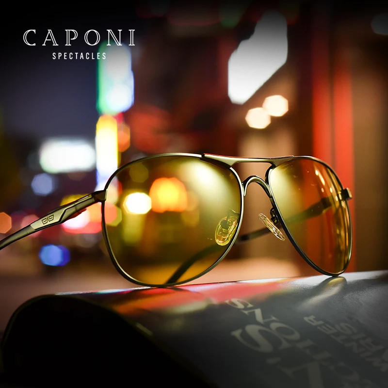 

CAPONI High Quality Metal Double Beam Frame Polarized Sun Glasses Men Yellow Lens Pilot Night Vision Photochrimic Sunglasses
