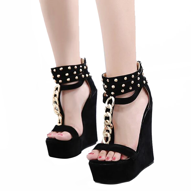 

NEW 2021 New Gladiator Wedges Sandals Faux Suede Women Sandals High Heels Fashion Chain Platform Wedges Shoes For Mujer Party, Black