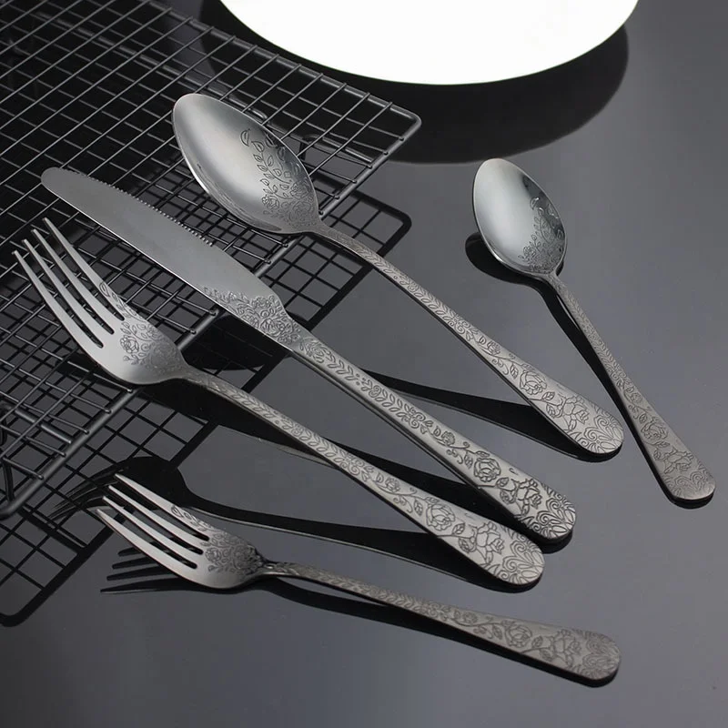 

Luxury PVD Knife Fork Spoon Metal Flatware Set Stainless Steel Black Embossed Silverware Cutlery