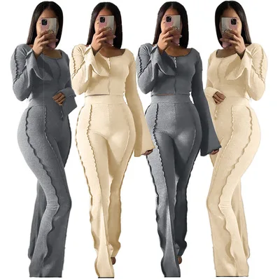 

Women Two Piece Outfits Long Sleeve Tops Line Flared Pants Leggings Suit Matching Set Fitness Tracksuit Two Piece Sets, Picture