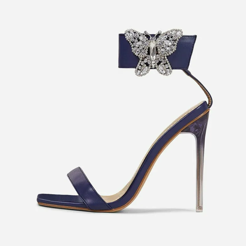 

New Color Chaussures Femme a Talon Butterfly Rhinestone Decoration Open Toe Elegant Lady Sandal Stilettos 2021 Heels for Women, Black, blue, apricot, pink