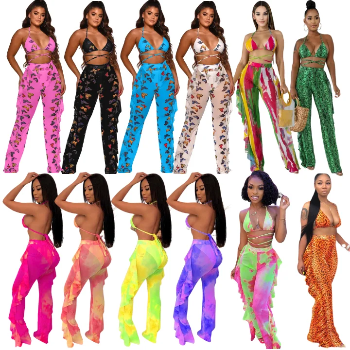 

Hot sale bra and ruffled pants matching sets mesh HOBISH plus size bathing suits swimwear