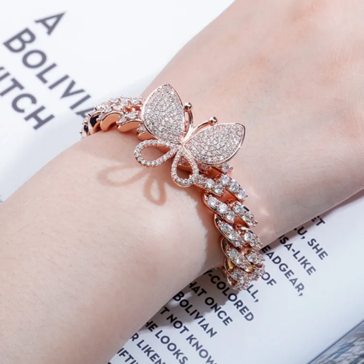 

Fashion Jewelry INS Hot Sale hiphop iced out diamond cuban chain pink butterfly bracelet for women