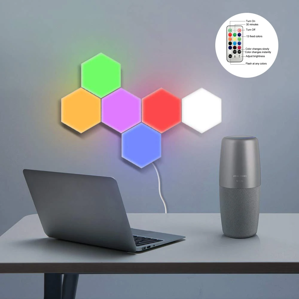 6PCS Touch Hexagon Remote Control Color Change Creative Geometry Assembly Flash Mode Quantum RBG Night Light for Background Wall