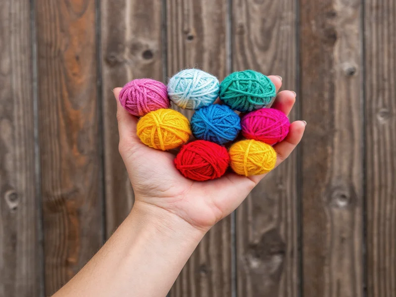 Hand holding colorful yarn pom poms against rustic wood