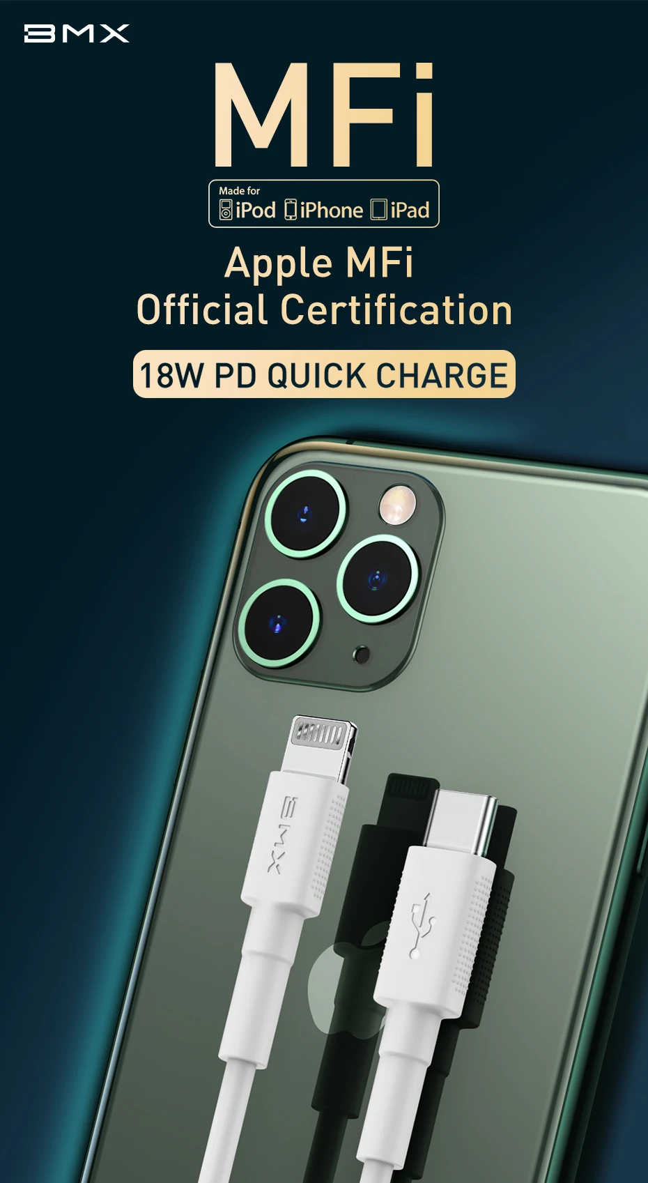  BMX Mini White MFi certified Type C to iP PD USB Cable18W Fast Charging Data Transmission For iPhone 6S 7 8 X