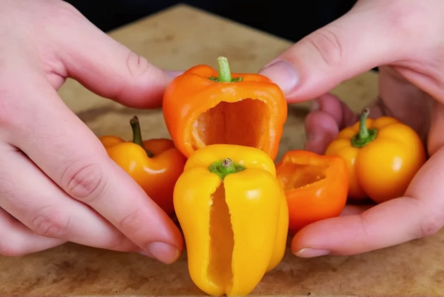 Chef's hands preparing fresh lemon drop peppers for cooking, showing slicing technique and vibrant interior color