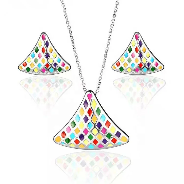 

Fashion Silver Candy Color Little Triangle Symbol Pendant Titanium steel Necklace Stud Earrings Jewelry Sets For Women