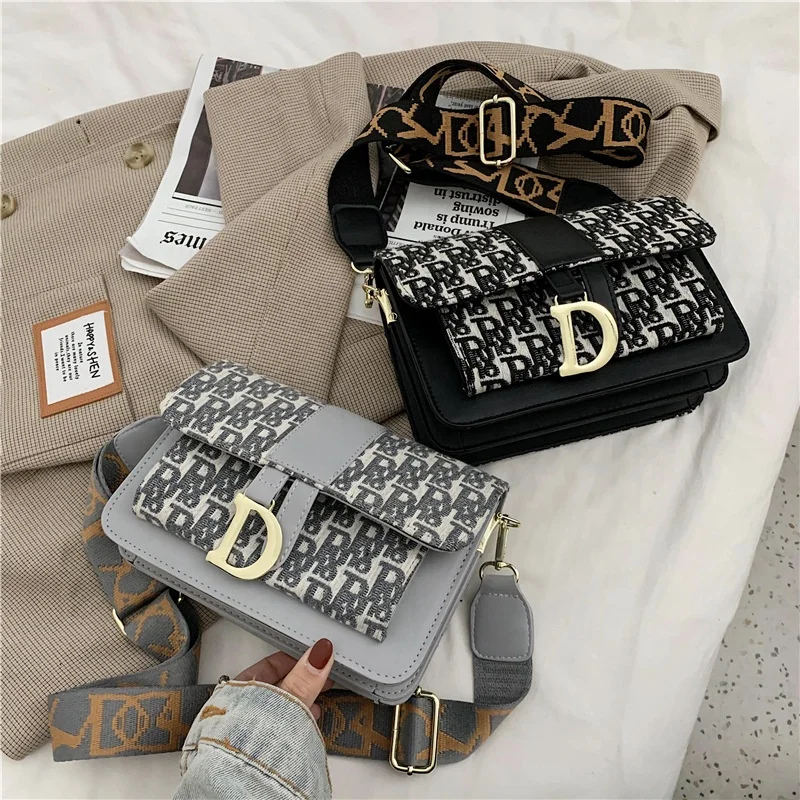 

Newest design in stock women designer letter wide shoulder straps purses and ladies handbags, Grey/black