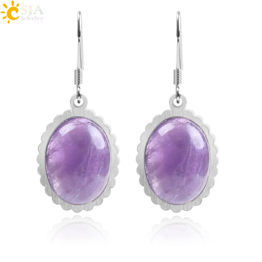 

CSJA wholesale amethyst gemstone dangle earring silver color jewelry natural crystal earring for women 2020 F121