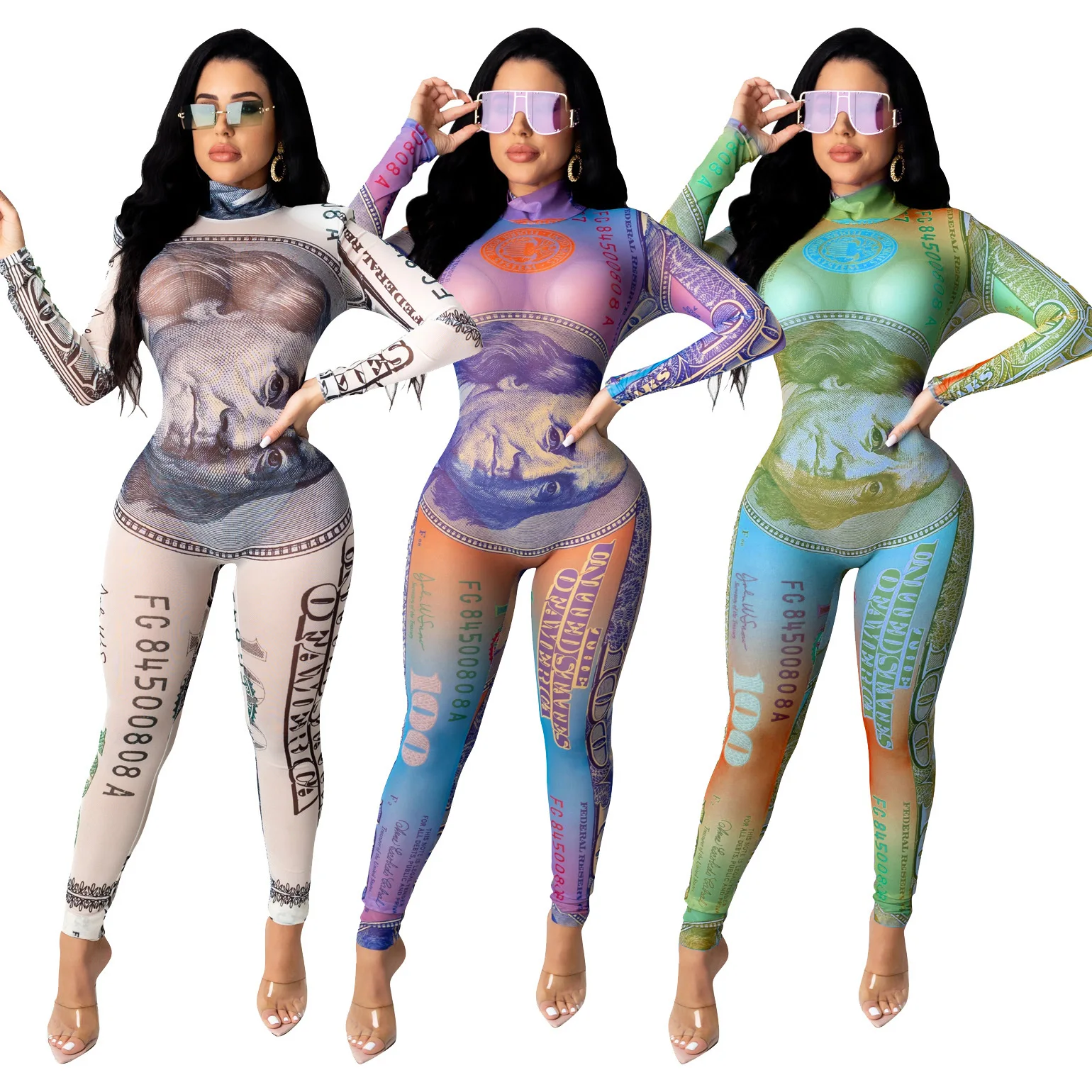 

Competitive prices fashion sexy dollar-printed long sleeve bodycon jumpsuit women