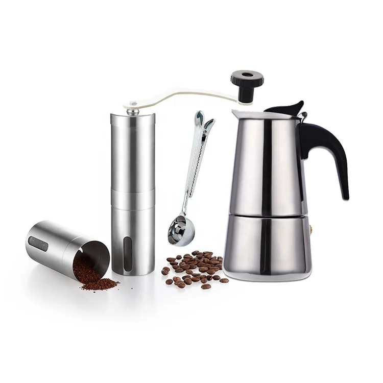 

Portable Stovetop Espresso Moka Pot, Espresso Coffee Maker Italian Mocha pot Set with Manual Grinder for Gas, Induction,Electric, Sliver