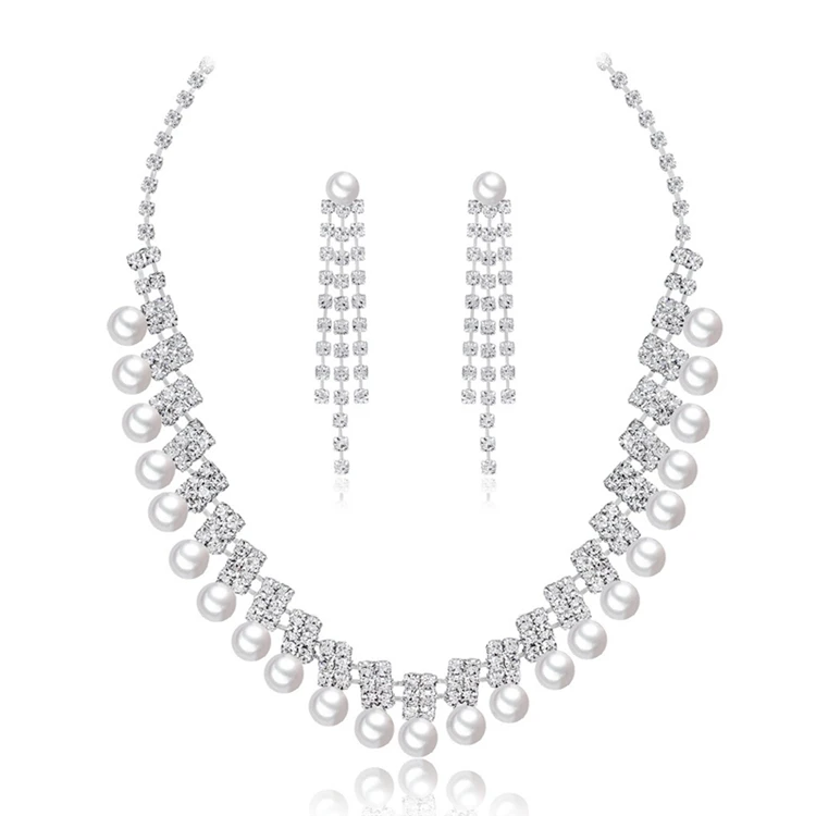 

Creative Lady Female Anniversary Wedding Rhinestone Pearls Women Bridal Necklace Earrings Jewelry Set, As shown