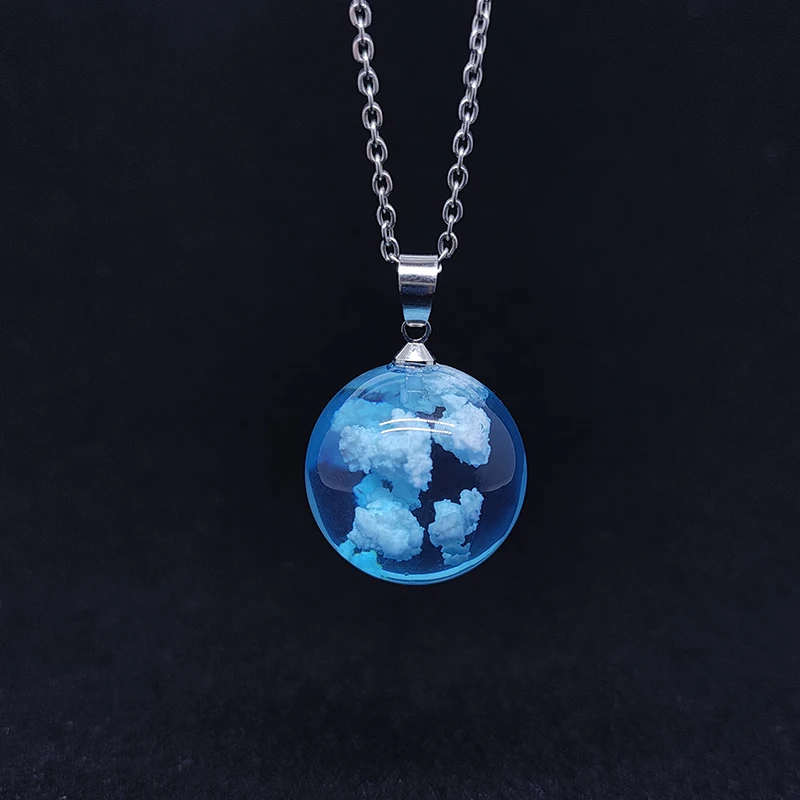 

Luminous necklace stainless steel chain blue sky and white cloud transparent spherical resin pendant wholesale