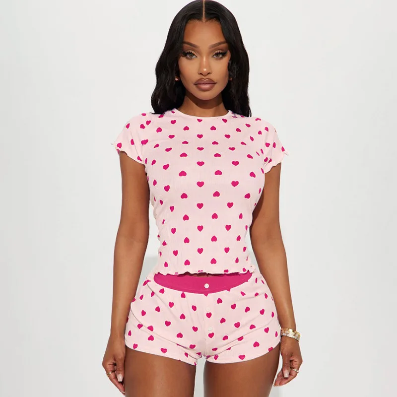 Wholesale 2025 Women's O-Neck Short Sleeve Home Pajamas Set Elegant Love Heart Print Luxury Summer/ Spring Fashion Homewear